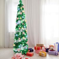 1.5m Christmas Tree with 50 Color Lights Artificial Pop Up Collapsible Tinsel Christmas Tree Christmas Home Party Indoor Outdoor (Green Silver)