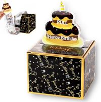 Happy Birthday Money Box for Cash Gift Pull, Black and Gold Birthday Surprise Money Gift Box for Friends and Family