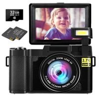 Digital Camera for Photography FHD 2.7K 30MP Vlogging Camera 3 Inch 180 Degree Flip Screen, 32GB TF Card 2 BATTERIES WIDE LENS for Teens Kids Seniors