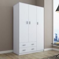 White Wardrobe Cabinet Wood Bedroom Clothes Storage Organiser Cupboard 3 Doors 2 Drawers