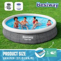 Bestway Fast Set Pool 3.66mx76cm Inflatable Above Ground Swimming Filter Pump Outdoor Round Rattan 12ftx30in Family Kids Adults Water Play Party