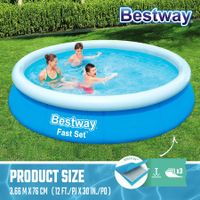 Bestway Fast Set Up Round Pool 3.66mx76cm Above Ground Swimming Inflatable 12ft x 30in Blue Outdoor Kids Adults Backyard Family Water Play Station Party