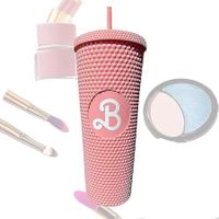 Bubble Tea Tumbler Cold Cups with Lid and Straw,24Oz Leakproof Travel Mug,Studded Pink Ice Coffee Cups,for Cold and Hot Drink