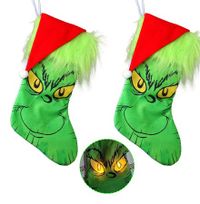 2 Pcs Grinch Christmas Stockings with Glowing Eyes Hanging Ornaments Party Favors Bag for Xmas Tree Holiday Fireplace