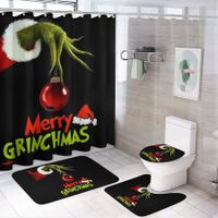 4Pcs Grinch Christmas Bathroom Shower Curtain Set with Non-Slip Rugs, Toilet Lid Cover and Bath Mat