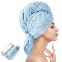 Large Microfiber Hair Towel Wrap for Women,Anti Frizz Hair Drying Towel with Elastic Strap,Fast Drying Hair Turbans for Wet Hair,Long,Thick,Curly Hair,Blue