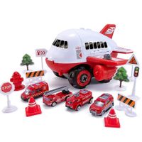 Children Aircraft Toy Track Inertia Toy Car Plane Model With Large Storage Space with 4 Cars (Red)