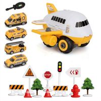 Children Aircraft Toy Track Inertia Toy Car Plane Model With Large Storage Space with 4 Cars (Yellow)