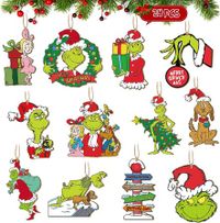 24pcs Christmas Grinchs Wooden Hanging Ornaments, Grinchs Wood Ornaments for Christmas Tree Decoration