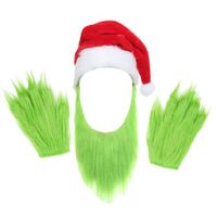 Green Monster Costume Green Beard Santa Hat with Green Furry Gloves for Halloween Christmas Xmas Cosplay Outfit