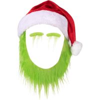 Green Christmas Monster Cosplay with Furry Beard for Adult, Santa Hat with Green Beard for Kids