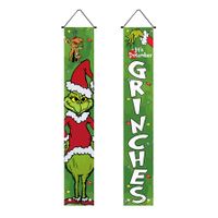 HTX2304222 Christmas Couplet Holiday Party Decorations Porch Flag Door Curtain Green Ghost Grinch Christmas Couplet（180*30cm）