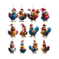 Christmas Cartoon Chicken Hanging Ornaments,DIY Acrylic Christmas Accessories Hang Tags Suitable for Cars,Backpacks,Keychains and Christmas Tree Decorations,Non-3D（12PCS）