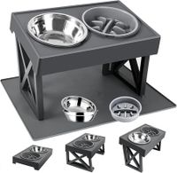 Elevated Dog Bowls with Mat 15 Degree Tilted Adjustable Raised Stand with 1 Slow Feeder Dog Bowl & 2 Stainless Steel Dog Bowls for Dogs