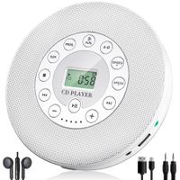 Portable CD Player Built-in Speaker Stereo, Personal Walkman MP3 Players 2000mAh Rechargeable Compact Car Disc CD Music Player USB Play Anti-Shock Protection (White)