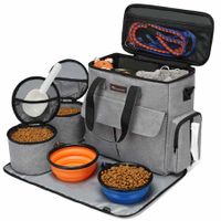 Dog Travel Bag Pet Travel Set Tote Organizer with Multi-Function Pockets, 2 Food Storage Containers, 2 Collapsible Bowls, 1 Feeding Mat (Grey)
