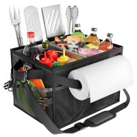 Foldable Picnic Bag BBQ Caddy with Paper Towel Holder for Outdoor Camping, Barbecue Accessories Storage Organizer for Utensil Grilling Tool