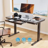 Standing Desk Electric Sit Stand Up Table Height Adjustable Motorised Computer Riser Black Tempered Glass Top Home Office Study Workstation USB Type-C