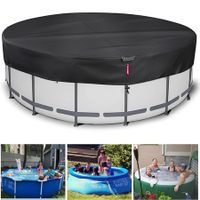 12FT Round Winter Pool Cover, 500D Tear Resistant Solar Pool Covers for Above Ground Pools, Fade Resistant Pool Cover with Windproof Strap, Drawstring, Ground Nails, 360CM ,Black