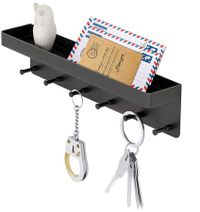 Key Holder for Wall Decorative - Mail Organizer and Key Rack with Tray for Hallway Kitchen Farmhouse Decor,Stainless Steel Key Hooks Mail Holder Wall Mounted - 6 Hooks (Black)
