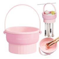 Makeup Brush Cleaner Mat 3 in 1 Silicone Makeup Brush Cleaner Bowl with Brush Drying Holder Cosmetic Brushes Cleaning Tool Organizer for Storage & Air Dry (Pink)