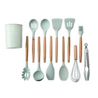 11 Pcs Silicone Cooking Utensils Kitchen Utensil Set Heat Resistant,Spoon, Brush, Whisk, Wooden Handle Black Kitchen Gadgets with Holder for Cookware Color Green