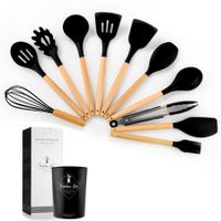 11 Pcs Silicone Cooking Utensils Kitchen Utensil Set Heat Resistant,Spoon, Brush, Whisk, Wooden Handle Black Kitchen Gadgets with Holder for Cookware Color Black