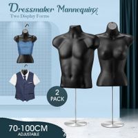 Male Female Mannequin Display Dressmakers Torso Dress Form Fashion Sewing Mens Women Dummy 70-100cm Hollow Back Black with Stands 2PCS