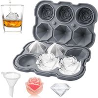 Ice Cube Tray, Rose Ice Cube Trays With Covers,3 Silicone Rose Ice Tray And 3 Diamond Ice Ball Maker For Juice Cocktails, Whiskey Col Grey