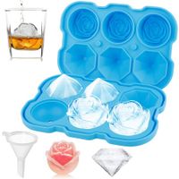 Ice Cube Tray, Rose Ice Cube Trays With Covers,3 Silicone Rose Ice Tray And 3 Diamond Ice Ball Maker For Juice Cocktails, Whiskey Col Blue