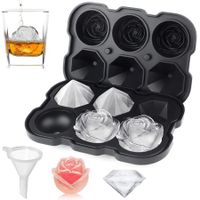 Ice Cube Tray, Rose Ice Cube Trays With Covers,3 Silicone Rose Ice Tray And 3 Diamond Ice Ball Maker For Juice Cocktails, Whiskey Col Black