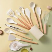 Kitchen Cooking Utensil Set, 14 Pieces Non-Stick Silicone Cooking, Wooden Handle Silicone Heat Resistant Cooking Utensils Set (Khaki)