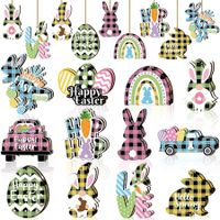 24 PCS (Plaid)12 Styles Easter Wooden Ornaments for Happy Easter Egg Gnome Bunny Chick Cutouts Wood Hanging Ornament Spring Easter Wooden Slice Decor