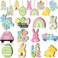 24 PCS (Truck)12 Styles Easter Wooden Ornaments for Tree Easter Egg Gnome Bunny Chick Cutouts Wood Hanging Ornament Spring Easter Wooden Slice Decor