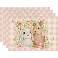 Set of 4 Easter Plaid Bunny Rabbit Flowers Buffalo Plaid Placemats 12x18 Inch for Party Kitchen Dining Room Decoration