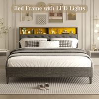 LED Bed Frame with Storage Headboard Queen Size Platform Mattress Base Foundation Shelf Bookcase Bedroom Furniture Wooden Slat Fabric Grey