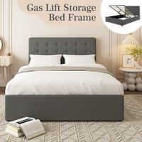 Double Bed Frame with Headboard Gas Lift Up Storage Platform Wooden Mattress Base Foundation Support Hydraulic Upholstered Linen Fabric Grey