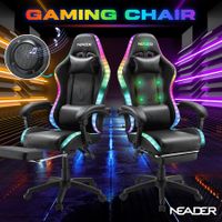Gaming Office Chair RGB LED Racing Massage PU Computer Seat Bluetooth Speaker Headrest Retractable Footrest Comfortable Armchair Recliner Black