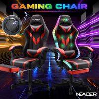 High Back Gaming Chair RGB LED Computer Seat Office Racing Desk Massage Bluetooth Speakers PU Leather Headrest Footrest Work Study Red