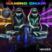 RGB LED Gaming Chair Home Office Computer Racing Desk Massage Seat Bluetooth Speaker PU Leather High Back Recliner Headrest Footrest Black