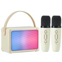 Mini Portable Bluetooth Karaoke Speaker with 2 Wireless Microphones and Colorful Lights for Kids , Gift Toys for Girls Boys Party (Beige)