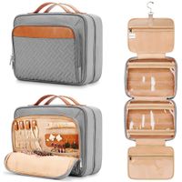 Travel Hanging Toiletry Bag for Women, with Jewelry Organizer Compartment, Waterproof Cosmetic Bag, Toiletries Kit Set with Trolley Belt, Gray