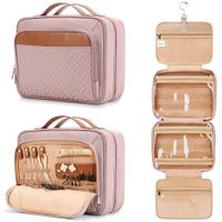 Travel Hanging Toiletry Bag for Women, with Jewelry Organizer Compartment, Waterproof Cosmetic Bag, Toiletries Kit Set with Trolley Belt, Pink