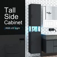 Bathroom Storage Cabinet Medicine Shower Organiser Cupboard Shelves Corner Tall Narrow Floor Display Unit Tallboy 2 Doors LED Light Black