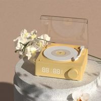 Alarm Clock Stereo Retro Wireless Bluetooth Creative Small Speaker Card USB Mini Vinyl Record Player Speaker(Yellow)
