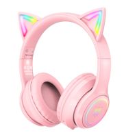 Kids Cat Ears Bluetooth Headphones, Wireless & Wired Mode, Foldable Headphones with Mic, RGB LED Light, for Girls, Compatible with Phones,Pink