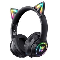 Kids Cat Ears Bluetooth Headphones, Wireless & Wired Mode, Foldable Headphones with Mic, RGB LED Light, for Girls, Compatible with Phones,Black