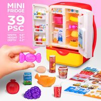 Mini Refrigerator with Ice Dispenser and Freezer Air, Music Play Buttons and Colorful LED Lights. Comes with a Lot of Play Food, 39 Piece Set Pink
