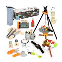 Wooden Camp Toys Set for Kids, 45 Pieces Camping Equipment and Bonfire Grill with Storage Bag and Play Food