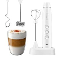 Milk Frother Handheld Rechargeable Foam Maker for Lattes,Electric 3 Whisks Drink Mixer for Bulletproof Coffee (White)